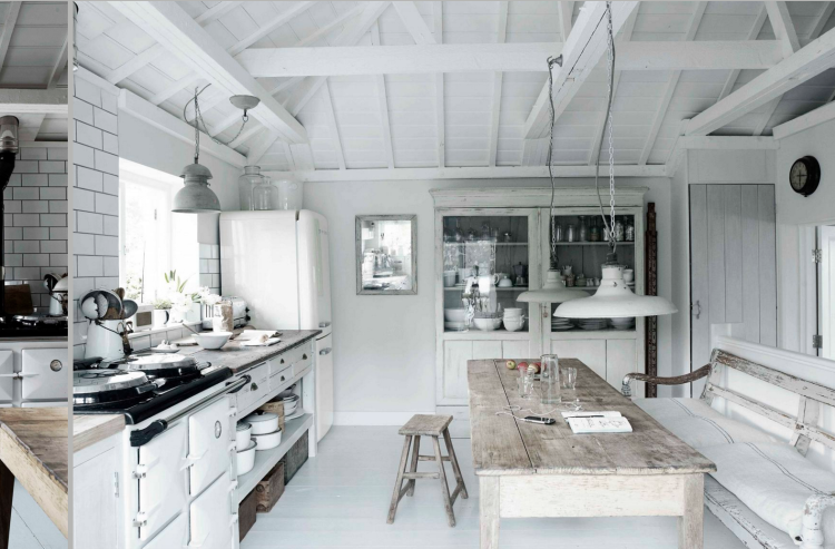pale grey kitchen with white aga by Paul Massey who designed and photographed this room