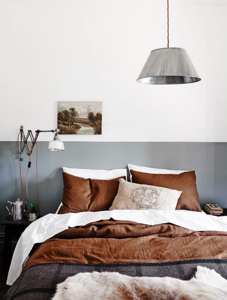half-painted grey wall with brown accents