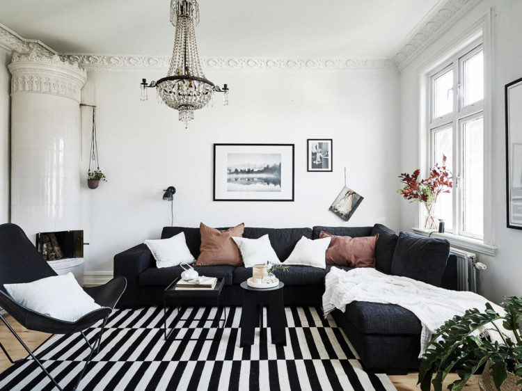 black and white room with pink accents
