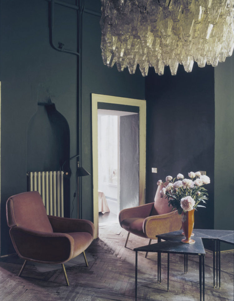 dark walls and pink chairs for Dimore Studio, image by Andrea Ferrari