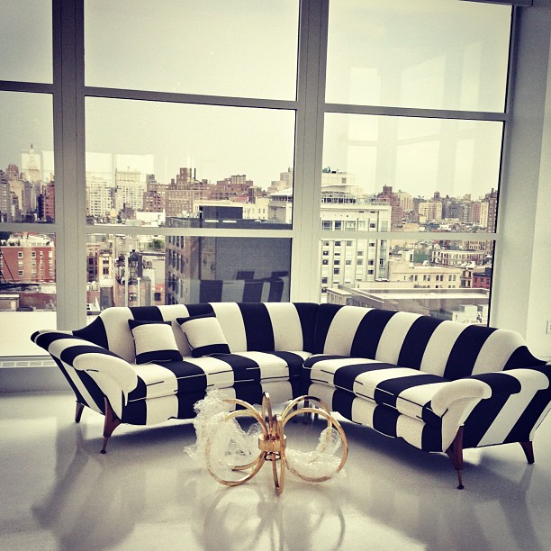 striped sofa in Alice + Olivia’s showroom. Image: Alice + Olivia