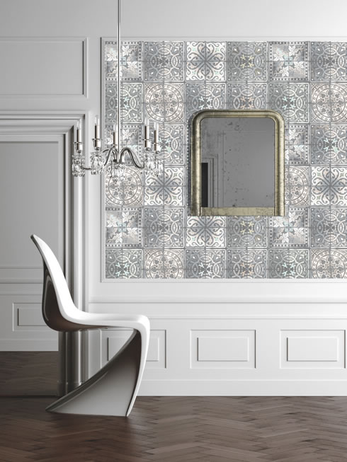 patchwork grey tile wallpaper from Louise Body