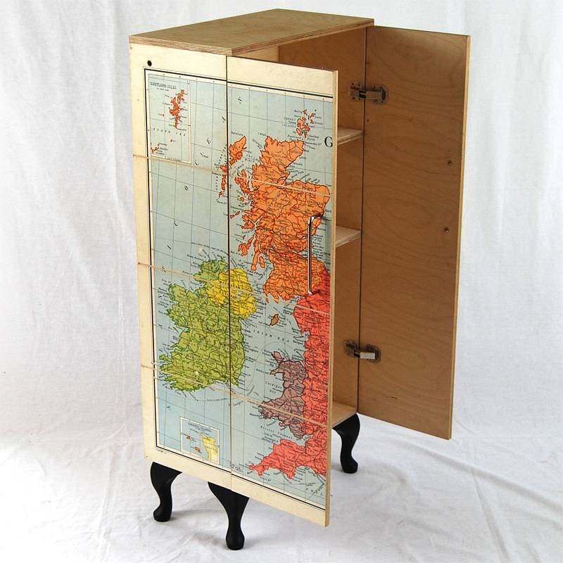 linen-backed map applied to a modern cabinet