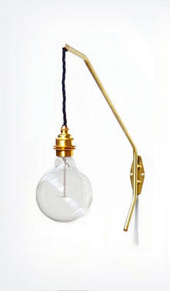 contemporary brass wall light with black silk flex and open bulb 