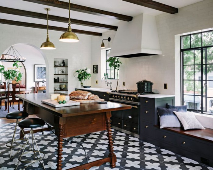 black and white floor tiles in a kitchen by jhinteriordesign.com