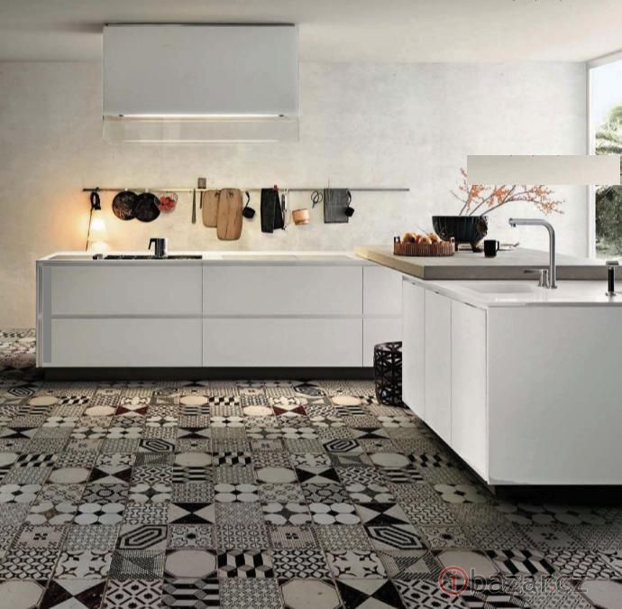 black and white patchwork moroccan cement floor tiles kitchen