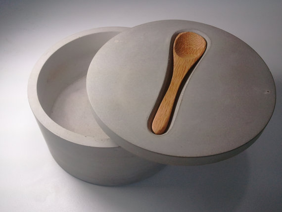 concrete salt pot with wooden spoon rest from kreteware