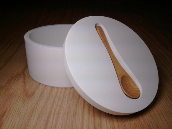 salt pot with wooden spoon rest from kreteware via etsy