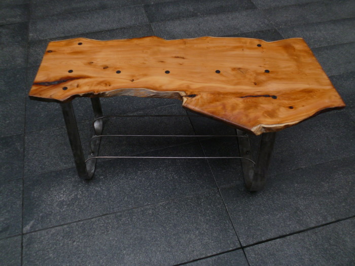 industrial table made from reclaimed yew and steel from offkut