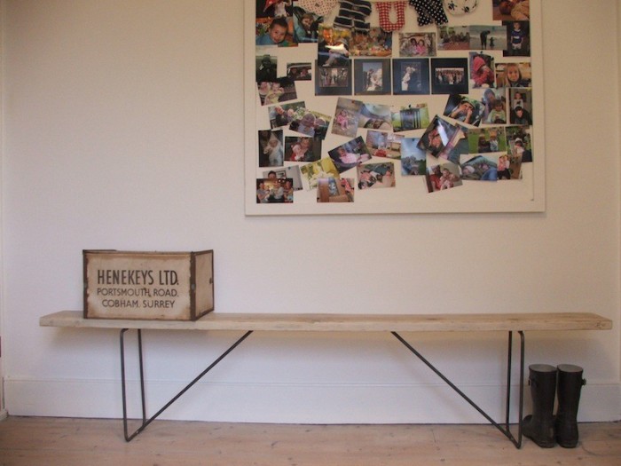 industrial wooden bench made from reclaimed timber and steel legs from salvation