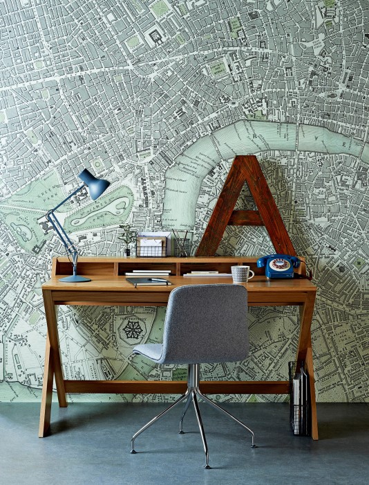 John Lewis Surface View Wall Mural £300 Ravenscroft Desk £499 Anglepoise Type 75 £170 Genoa Office Chair £199