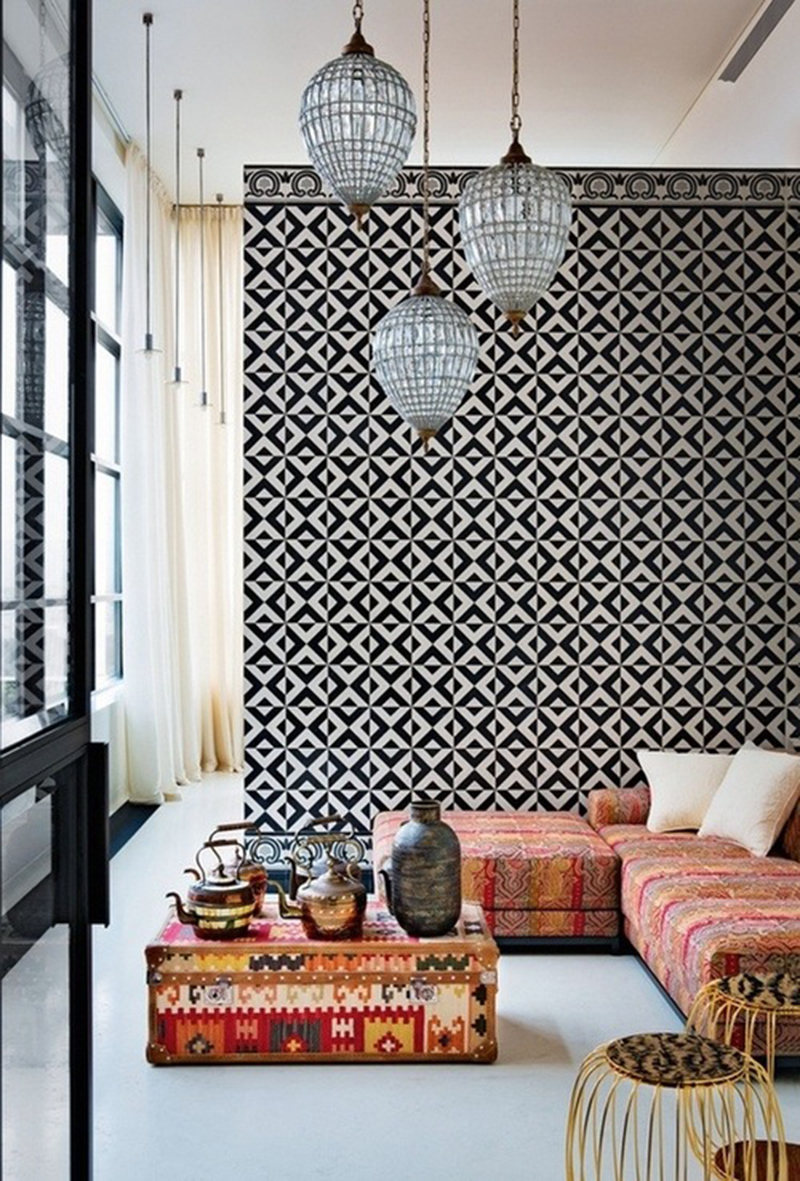black and white geometric tiles with pink from aloma
