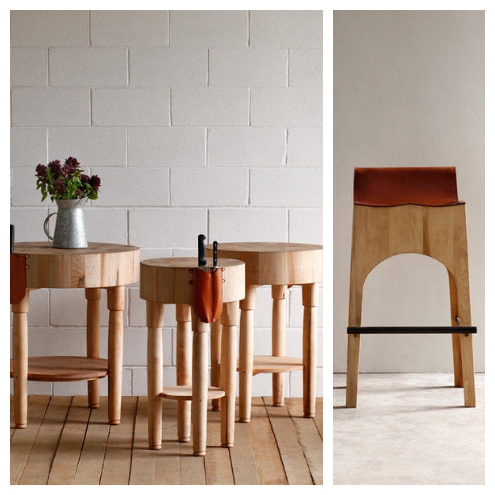 butchers block and leather and wooden stool