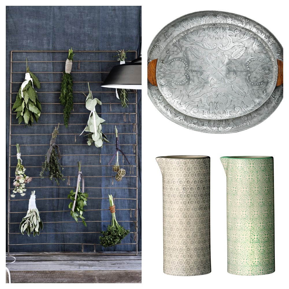 herb drying rack, engraved metal trays and bloomingville water jug