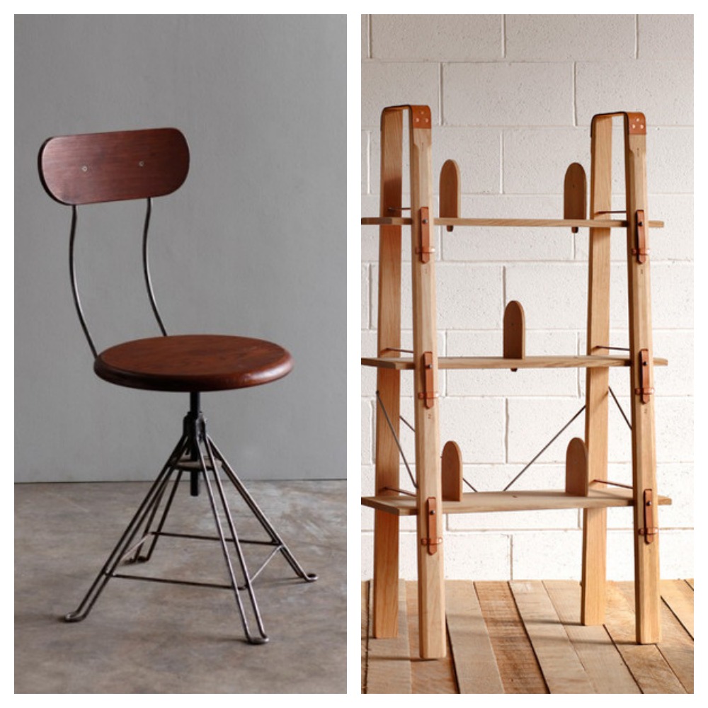 stool and wood and leather shelves