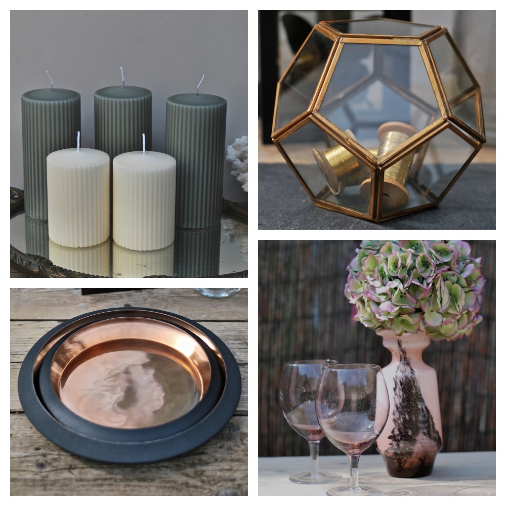 grey candles, brass and glass, dusky pink glasses and copper plates