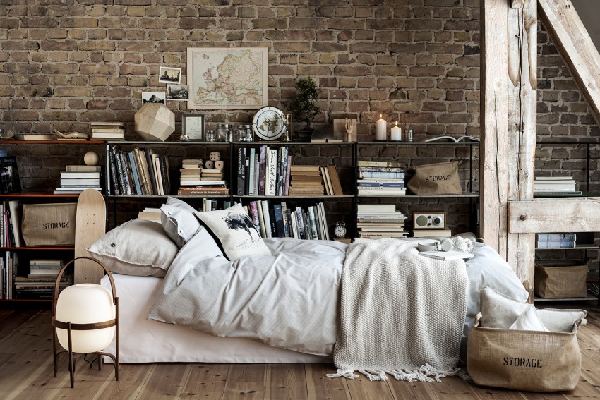 exposed brick and linen throws