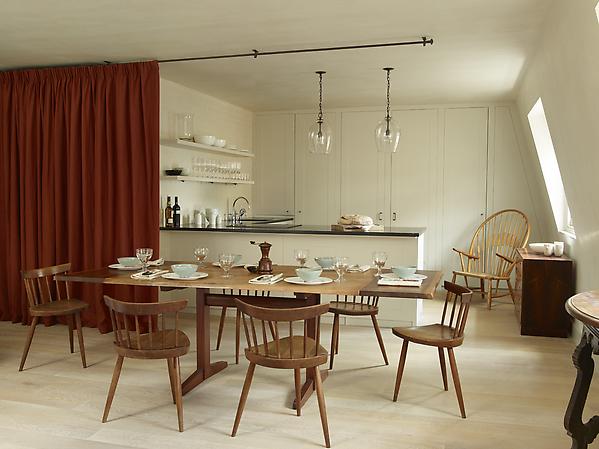 kitchen with red velvet curtain rose uniacke image by simon upton