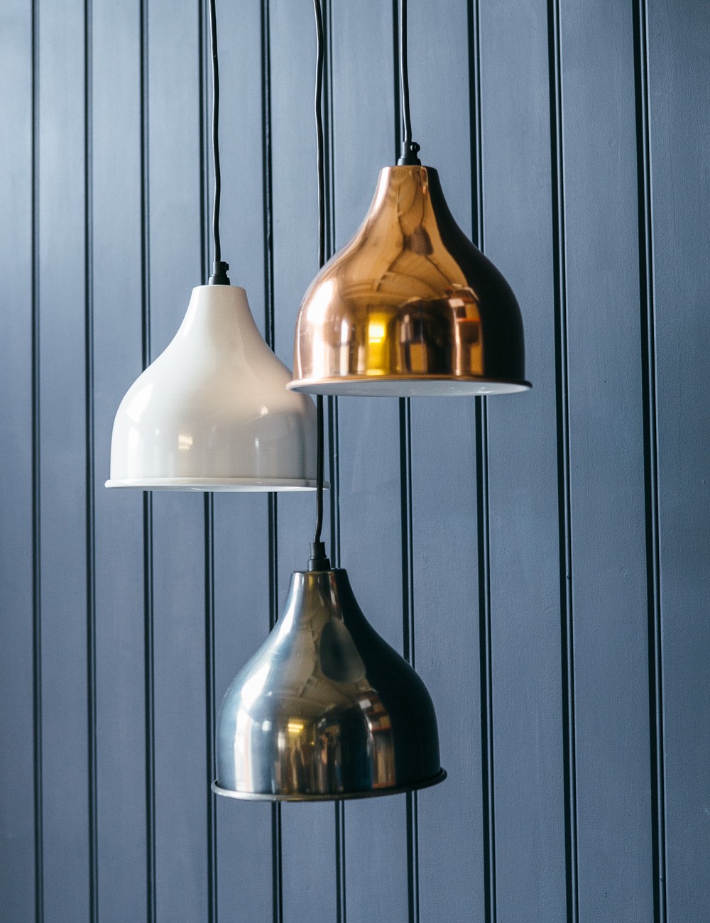 rose gold, chalky white and nickel pendant lights from rose and grey