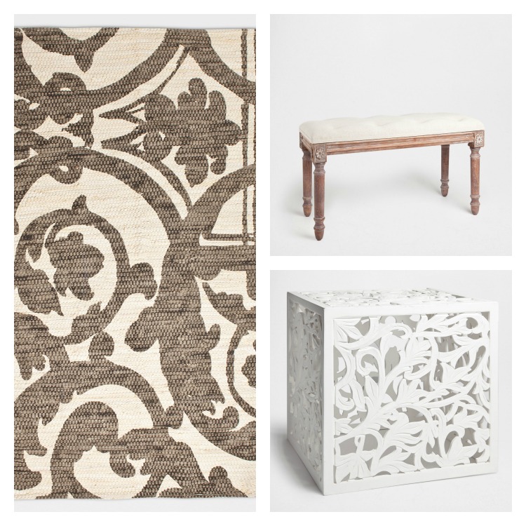 damask rug from zarahome and bench