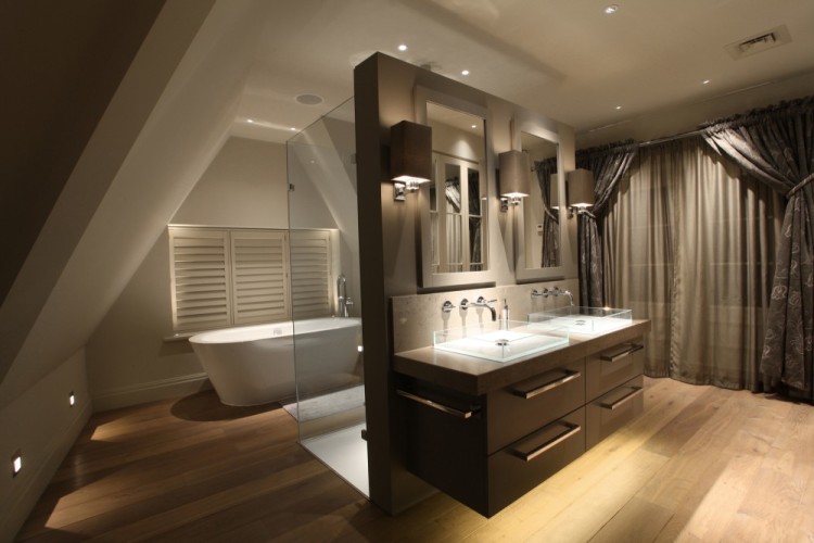this bathroom has several different lighting sources to be both practical and atmospheric
