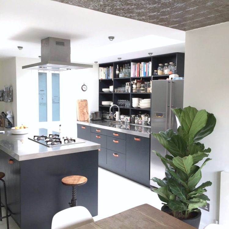 black kitchen with white floors and my fiddle leaf fig