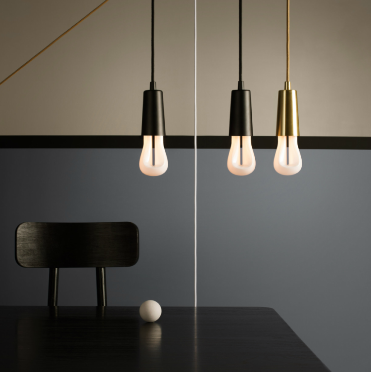 Plumen LED 002 with drop cap pendant in black photographed by Ian Nolan