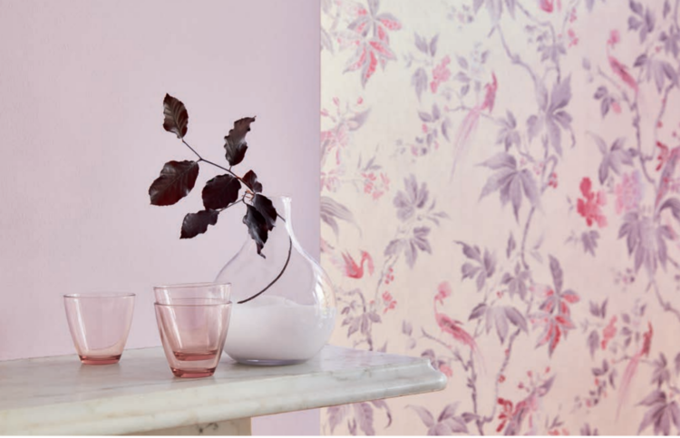 little greene hortense paint is pink with a hint of grey and limited edition Paradise wallpaper