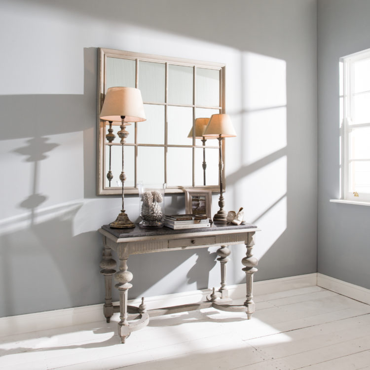 one-world-trading-co-www-one-world-wilton-grey-mirror-with-wooden-grid-220-woodcroft-stone-top-console-table-1435-mowbray-two-tier-column-lamp-64-95-mowbray-grey-directoire-lamp-64-25