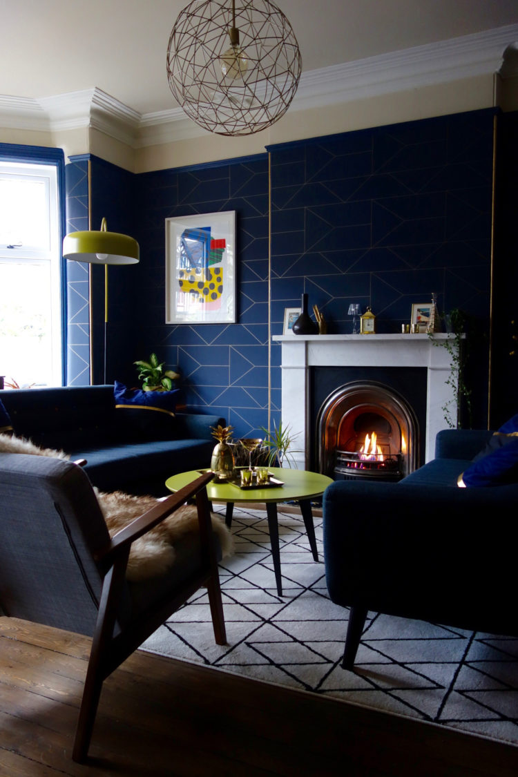 navy blue and gold wallpaper set off this pendant light perfectly image by Karen Knox