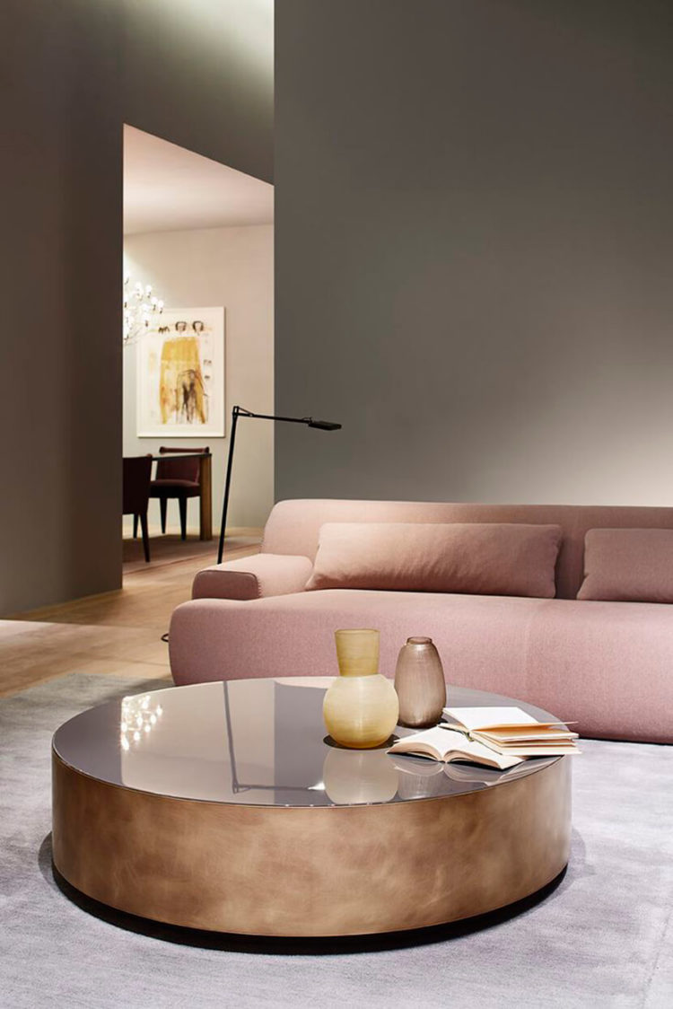 brass table and blush sofa seen at Milan Salone by Kelly Schandel of thinkpure.com