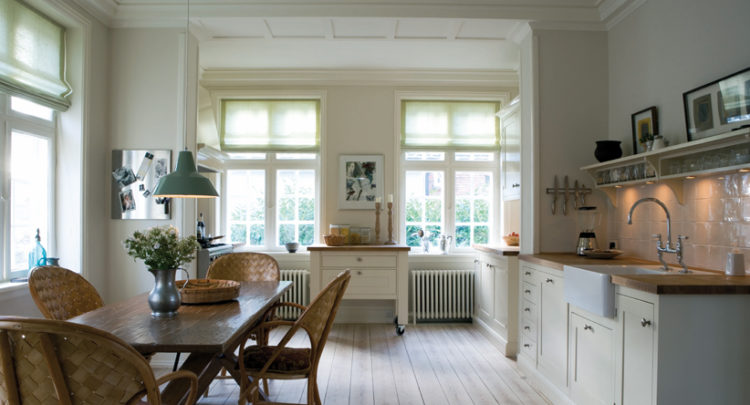 strong white walls, wimborne white cabinets and all white ceiling via farrow and ball