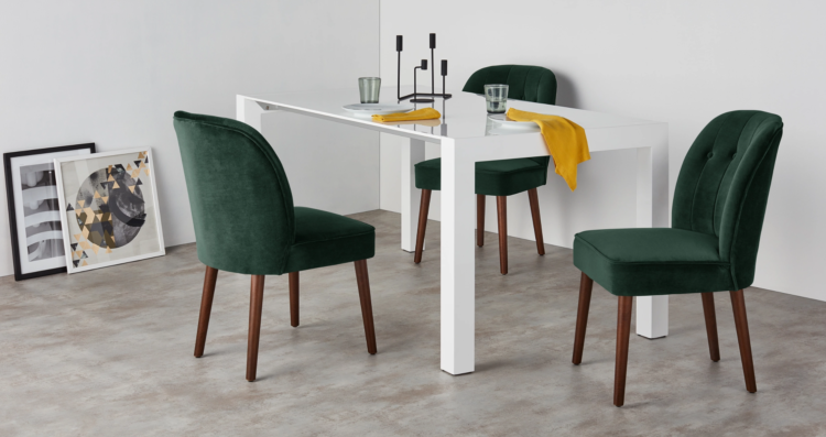 pair of dark green velvet dining chairs from made.com 