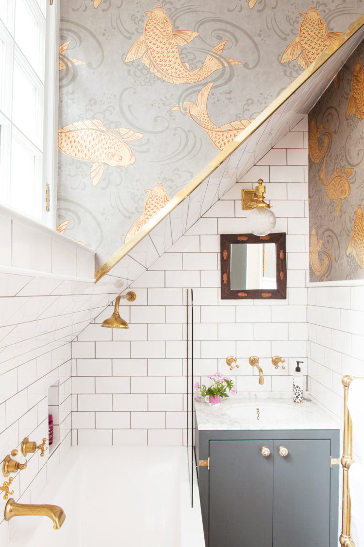 grey and gold bathroom in The Pink House image by Susie Lowe
