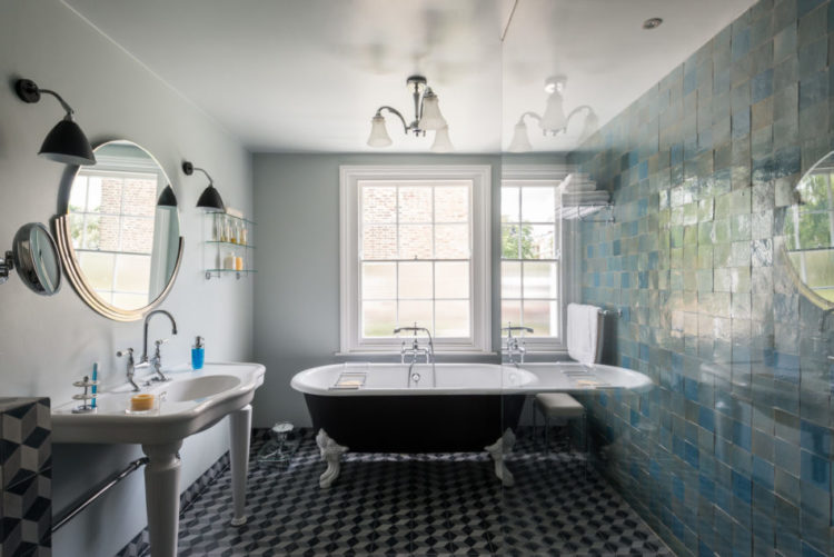 blue zellige tiles in bathroom via the modern house
