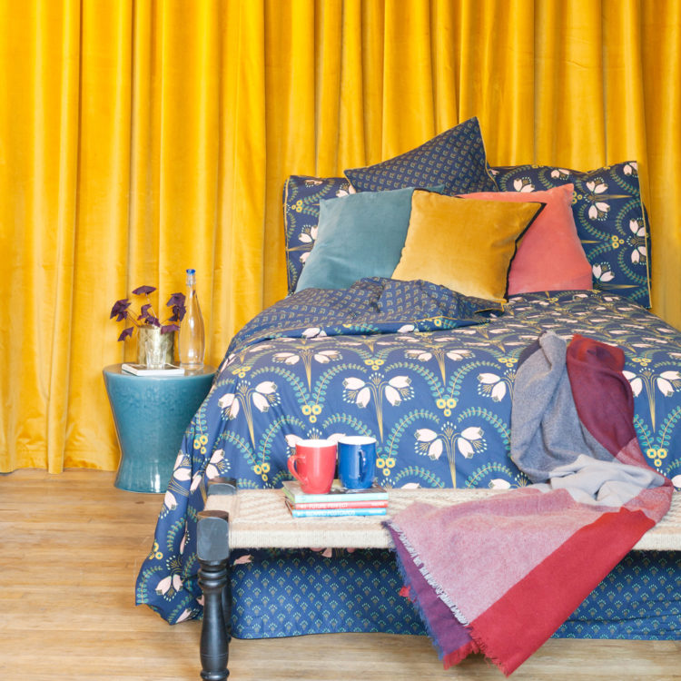 belledone bedding, polen velvet cushion covers, amibi ceramic side table all by La Redoute, photo by Megan Taylor