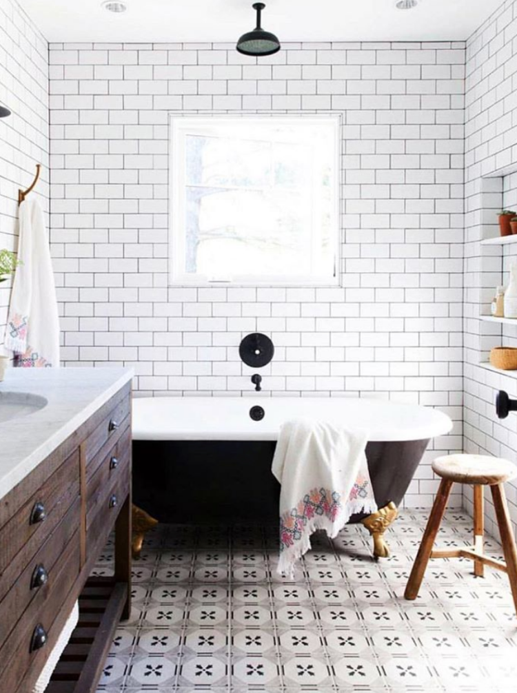 black and white bathroom by mindy gayer design