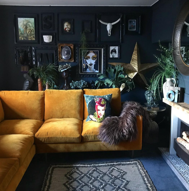 brass yellow sofa from loveyourhome via HIlary and Flo
