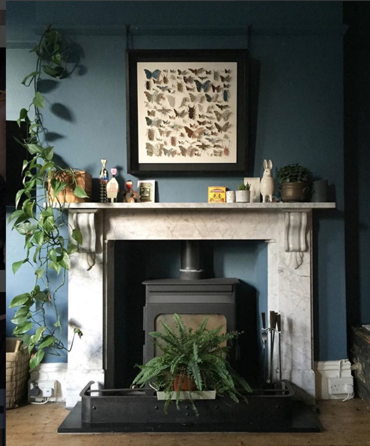 navy blue walls and fireplace by helen ward of house of wards