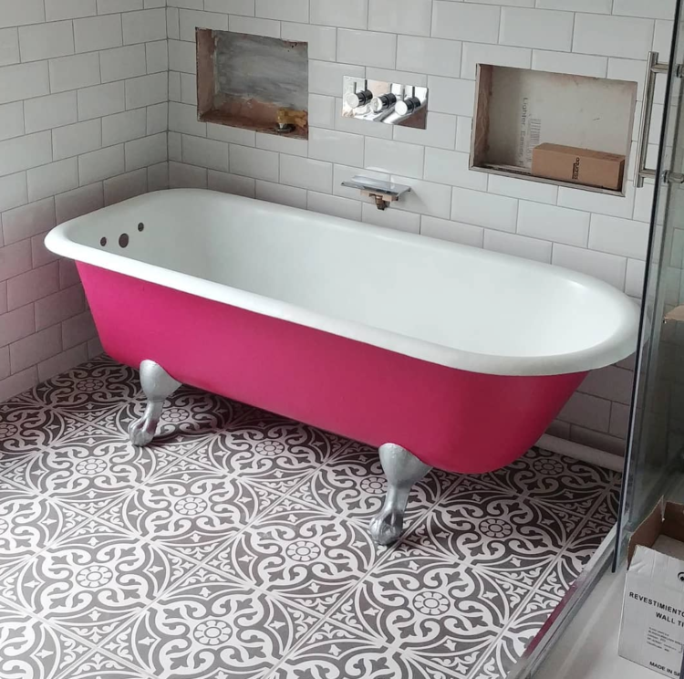 pink bath and patterned floor via Alice at Simply the Nest