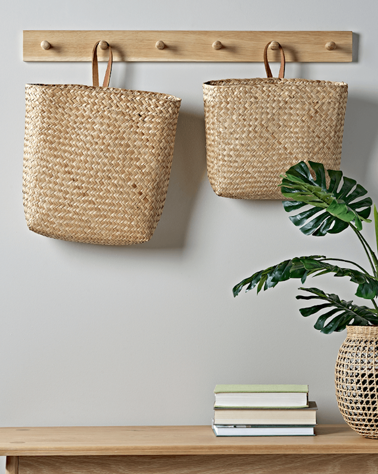 leather and seagrass hanging basket