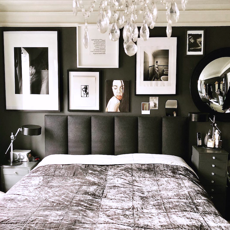 black and white bedroom gallery wall by deborah vos