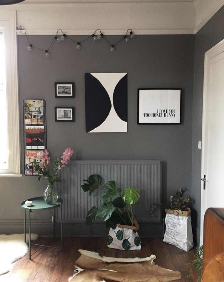 grey walls and matching radiator by flames house