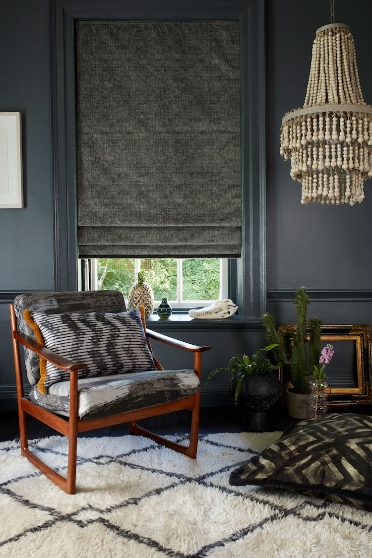 AbigailAhernxHillarys mortan tar roman blind with harkness gasoline cushion both with kohl fringe and cadillac noir cushion with soleil fringe