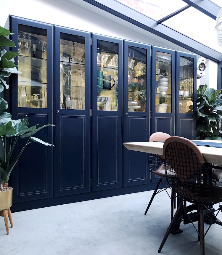 blue kitchen cabinets with brass inlay Philippa McFarlane @sandrockhouse