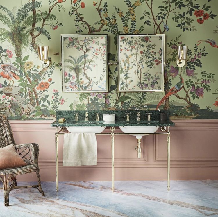 drummonds bathroom with wallpaper by zuber et cie