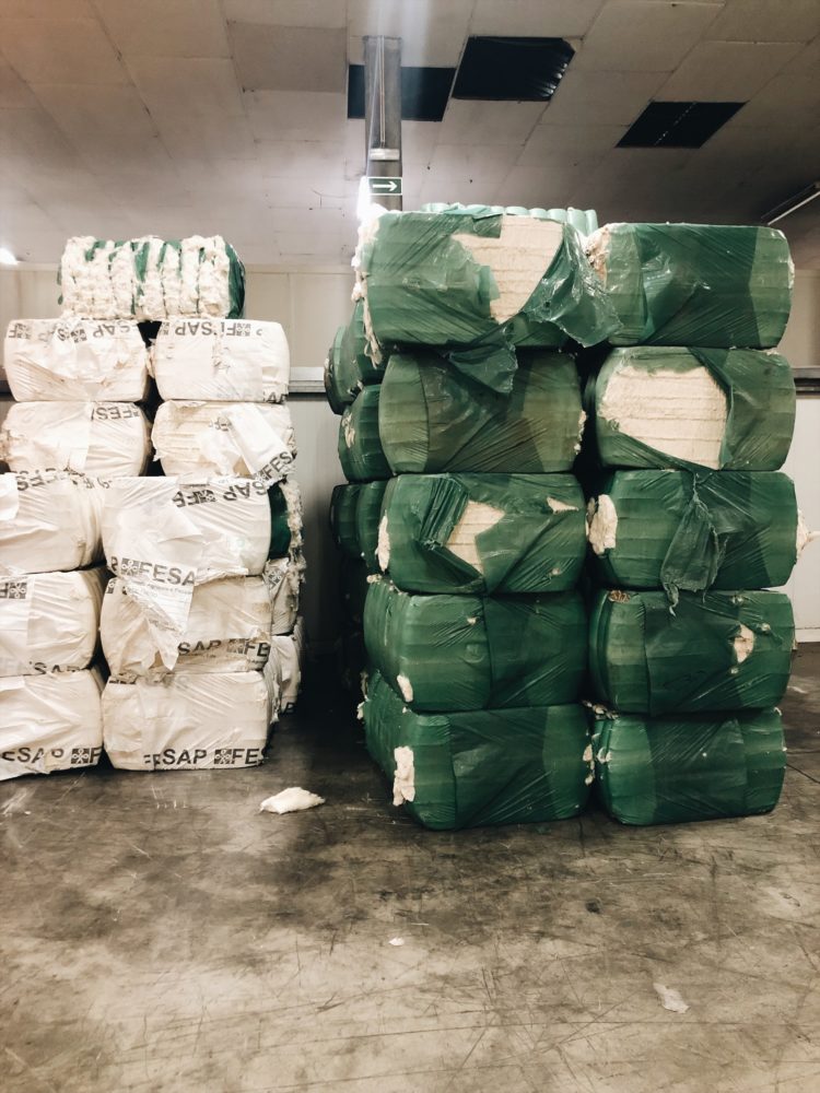 organic cotton bales are labelled green at the made.com factory in portugal