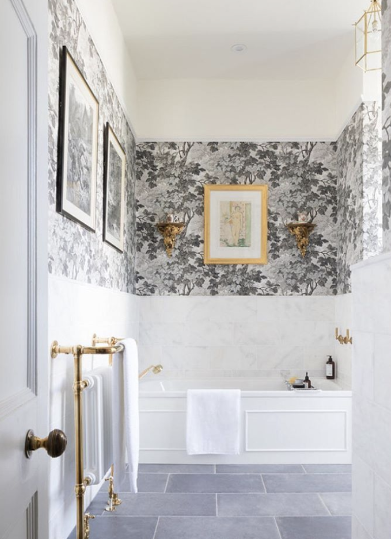 marble bathroom with black and white wallpaper by cp hart shot by Paul Craig