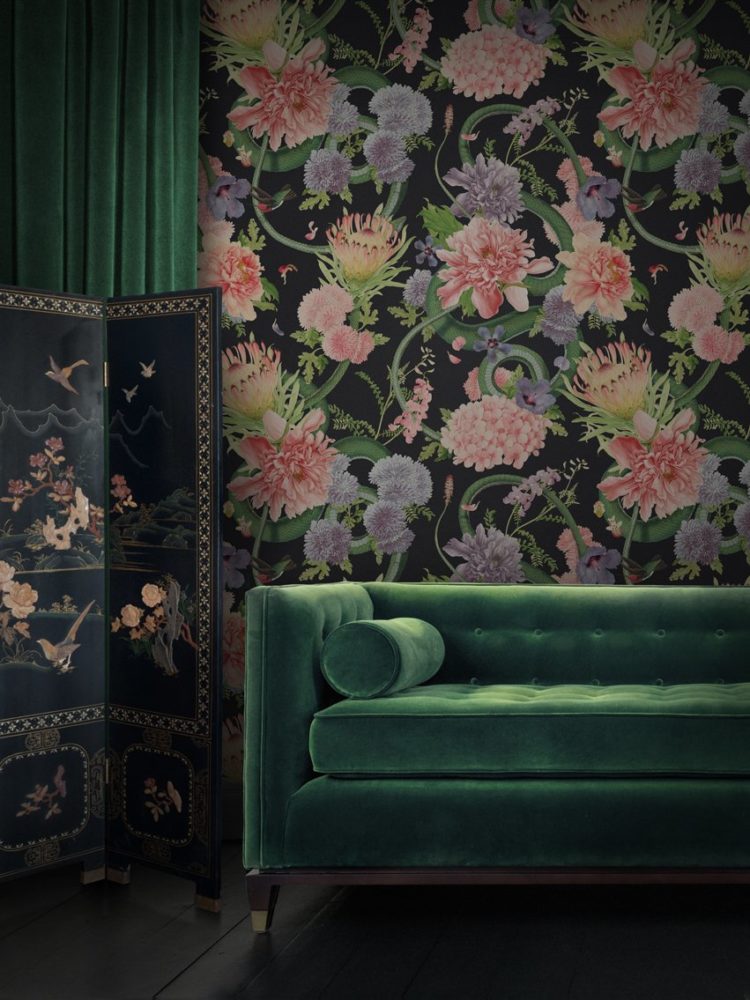 Kate Watson-Smyth and Sophie Robinson offer some top wallpapering tips on the Great Indoors podcast. A firm favourite is a large bloom floral print and the one shown here is given a dramatic look with a black background. #wallpaper #thegreatindoors #madaboutthehouse