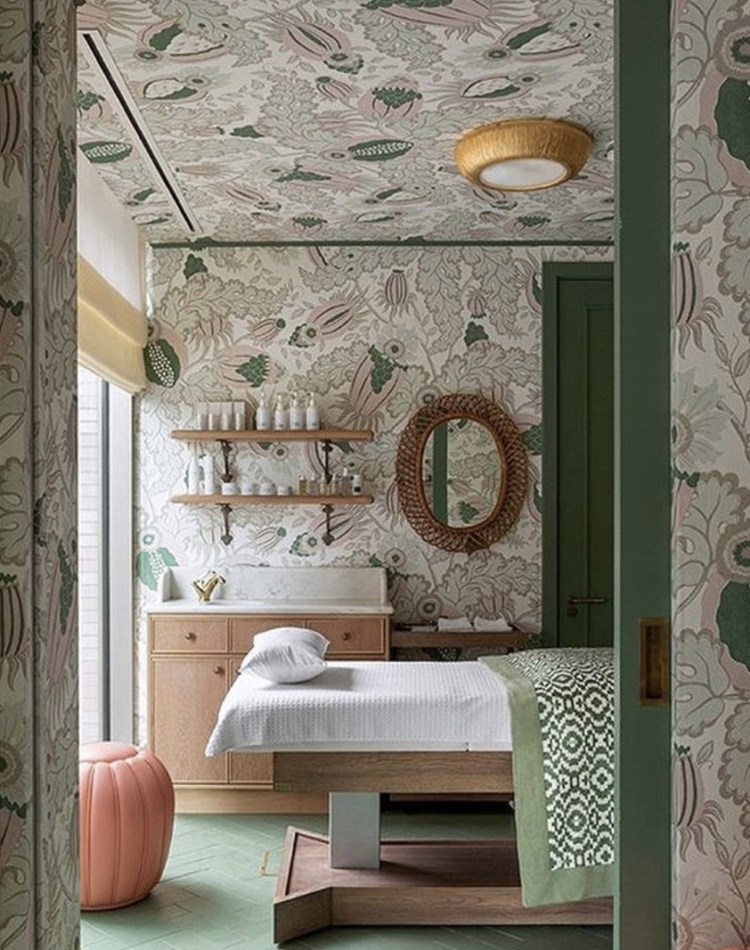image via @christopherfarrcloth A new massage & therapy room @linnaeanliving at Embassy Gardens, London, designed by Martin Brudnizki @m_b_d_s_ . Echo design as a throw and Carnival wallpaper.